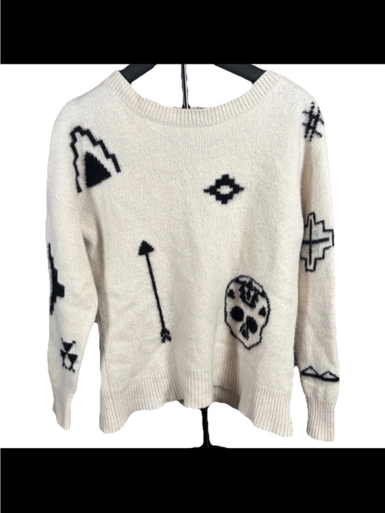 Skull Cashmere Sweaters - Skull Cashmere Ivory Crewneck Sweater with Black Graphic Motifs